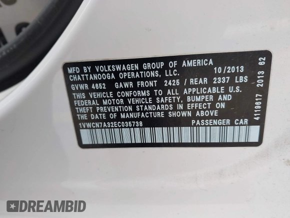 2014 Volkswagen Passat TDI SEL Premium with VIN 1VWCN7A32EC035738, listed as a IAAI auction lot 41641843 with 151,159 mi miles. Bid and sale history available at carsss.com. Image 9.