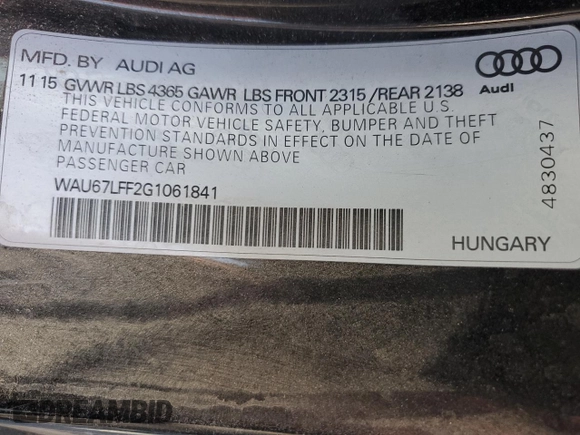 2016 Audi A3 1.8T Premium with VIN WAU67LFF2G1061841, listed as a Copart auction lot 73590354 with 70,935 mi miles and Salvage Title. Bid and sale history available at carsss.com. Image 12.