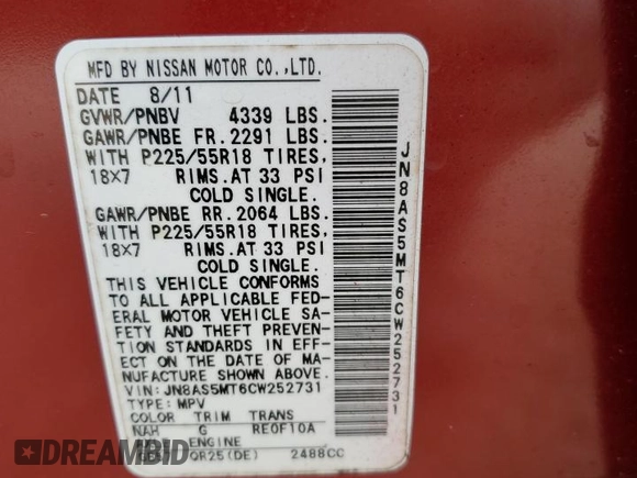 2012 Nissan Rogue S with VIN JN8AS5MT6CW252731, listed as a Copart auction lot 49732325 with 151,632 mi miles and Salvage Title. Bid and sale history available at DreamBid. Image 14.