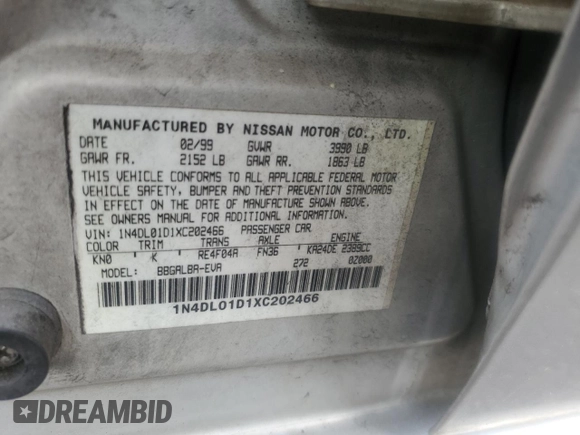 1999 Nissan Altima XE z VIN 1N4DL01D1XC202466, wystawiony jako Copart lot #54548015 z przebiegiem 131 409 mil mil oraz Szkoda całkowita • Salvage title. Historia ofert i sprzedaży dostępna na DreamBid. Obrazek 12.
