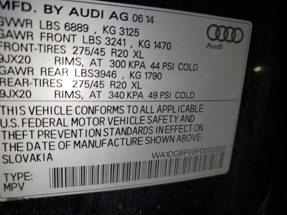 2015 Audi Q7 3.0T S line Prestige with VIN WA1DGBFE0FD002533, listed as a Copart auction lot 42958725 with 183,133 mi miles and Salvage Title. Bid and sale history available at carsss.com. Image 13.