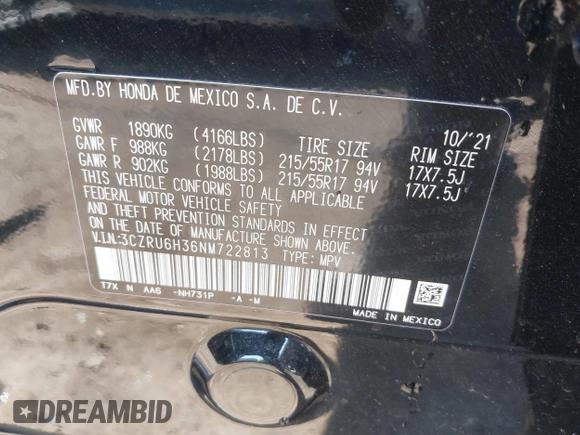 2022 Honda HR-V LX with VIN 3CZRU6H36NM722813, listed as a IAAI auction lot 41900034 with 35,349 mi miles and . Bid and sale history available at DreamBid. Image 9.