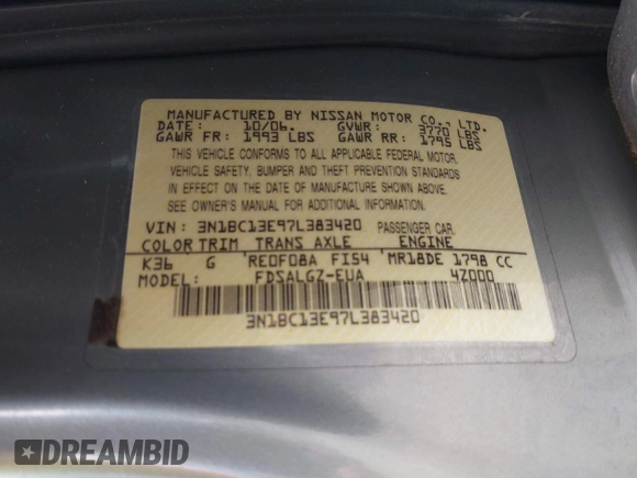 2007 Nissan Versa SL z VIN 3N1BC13E97L383420, wystawiony jako IAAI lot #42254796 z przebiegiem 141 987 mil mil oraz . Historia ofert i sprzedaży dostępna na DreamBid. Obrazek 9.