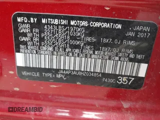 2017 Mitsubishi Outlander ES with VIN JA4AP3AU8HZ034854, listed as a IAAI auction lot 41667505 with 93,238 mi miles and . Bid and sale history available at DreamBid. Image 9.