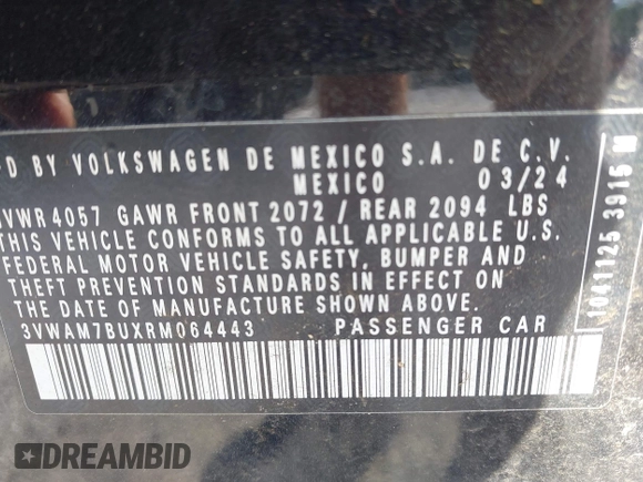 2024 Volkswagen Jetta Sport with VIN 3VWAM7BUXRM064443, listed as a IAAI auction lot 42049756 with 9,722 mi miles and . Bid and sale history available at DreamBid. Image 9.