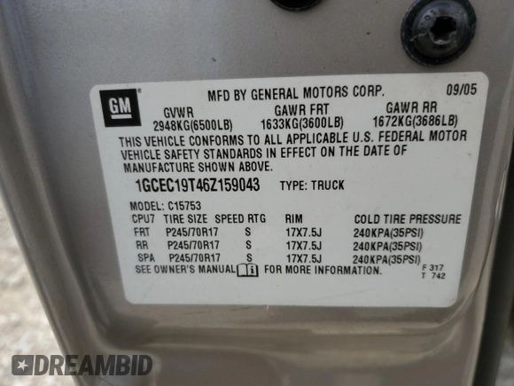 2006 Chevrolet Silverado 1500 LT1 with VIN 1GCEC19T46Z159043, listed as a Copart auction lot 54032584 with Not Provided miles and Non Repairable. Bid and sale history available at DreamBid. Image 13.