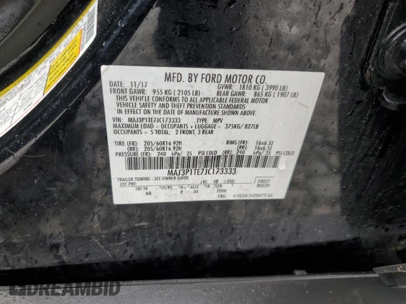 2018 Ford EcoSport SE with VIN MAJ3P1TE7JC173333, listed as a Copart auction lot 58166195 with 60,290 mi miles and Salvage title. Bid and sale history available at DreamBid. Image 13.