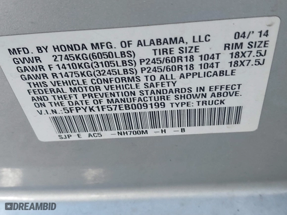 2014 Honda Ridgeline RTL with VIN 5FPYK1F57EB009199, listed as a IAAI auction lot 41208488 with 100,340 mi miles. Bid and sale history available at carsss.com. Image 9.