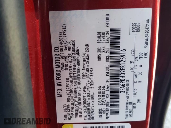 2014 Ford Fusion SE with VIN 3FA6P0HD2ER125916, listed as a Copart auction lot 51517515 with 129,271 mi miles and Salvage Title. Bid and sale history available at DreamBid. Image 12.