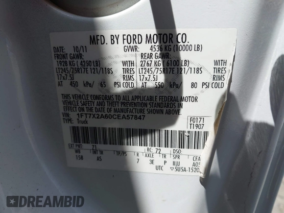 2012 Ford F-250 XL with VIN 1FT7X2A60CEA57847, listed as a IAAI auction lot 42275006 with Not provided miles and . Bid and sale history available at DreamBid. Image 9.