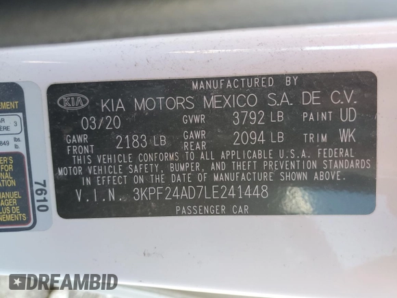 2020 Kia Forte LXS with VIN 3KPF24AD7LE241448, listed as a Copart auction lot 50063605 with 60,470 mi miles and Salvage Title. Bid and sale history available at carsss.com. Image 15.