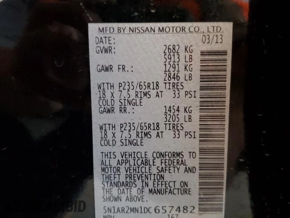 2013 Nissan Pathfinder SL with VIN 5N1AR2MN1DC657482, listed as a Copart auction lot 63346075 with 243,048 mi miles and Salvage title. Bid and sale history available at DreamBid. Image 13.