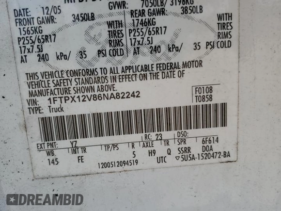2006 Ford F-150 XL с VIN 1FTPX12V86NA82242, выставлен на аукционе Copart как лот 56588835 с пробегом 124 066 миль миль и Списание • Salvage title. История ставок и продаж доступна на DreamBid. Изображение 12.
