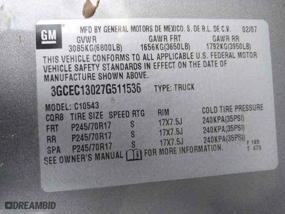 2007 Chevrolet Silverado 1500 LT w/1LT with VIN 3GCEC13027G511536, listed as a IAAI auction lot 41637646 with 204,905 mi miles. Bid and sale history available at carsss.com. Image 9.