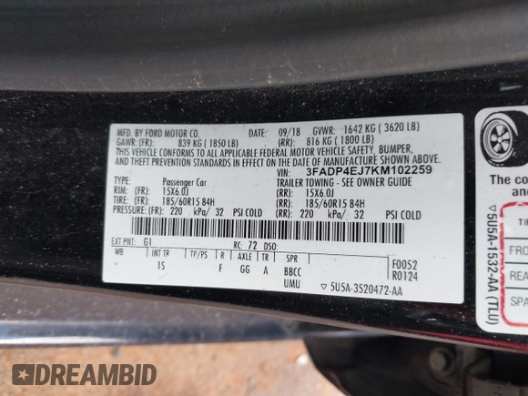 2019 Ford Fiesta SE z VIN 3FADP4EJ7KM102259, wystawiony jako IAAI lot #42265135 z przebiegiem 94 445 mil mil oraz . Historia ofert i sprzedaży dostępna na DreamBid. Obrazek 9.