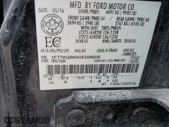 2016 Ford F-250 Lariat с VIN 1FT7W2B65GED06005, выставлен на аукционе Copart как лот 57446045 с пробегом Не указан миль и Списание • Salvage title. История ставок и продаж доступна на DreamBid. Изображение 12.