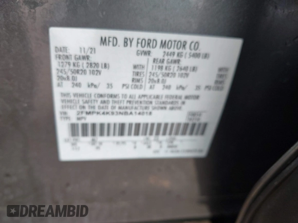 2022 Ford Edge Titanium with VIN 2FMPK4K93NBA14018, listed as a IAAI auction lot 41878548 with 52,515 mi miles. Bid and sale history available at carsss.com. Image 9.