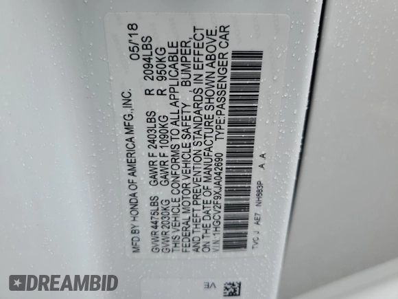 2018 Honda Accord Touring z VIN 1HGCV2F9XJA042690, wystawiony jako Copart lot #57122025 z przebiegiem 55 364 mil mil oraz Szkoda całkowita • Salvage title. Historia ofert i sprzedaży dostępna na DreamBid. Obrazek 13.