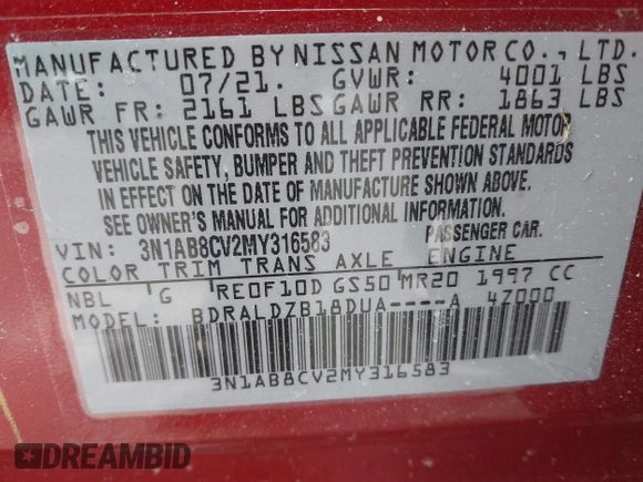 2021 Nissan Sentra SV with VIN 3N1AB8CV2MY316583, listed as a IAAI auction lot 41481784 with 25,985 mi miles and . Bid and sale history available at DreamBid. Image 9.