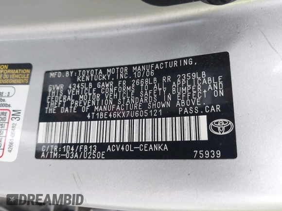 2007 Toyota Camry CE with VIN 4T1BE46KX7U605121, listed as a IAAI auction lot 42237951 with 168,259 mi miles and . Bid and sale history available at DreamBid. Image 9.