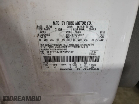 2008 Ford F-150 XL with VIN 1FTRF12218KE99420, listed as a Copart auction lot 44767035 with 180,556 mi miles and Salvage Title. Bid and sale history available at carsss.com. Image 12.
