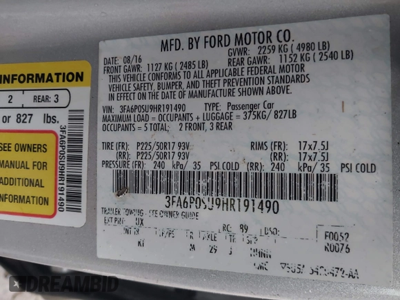 2017 Ford Fusion Titanium with VIN 3FA6P0SU9HR191490, listed as a IAAI auction lot 41560360 with 148,017 mi miles and . Bid and sale history available at DreamBid. Image 9.