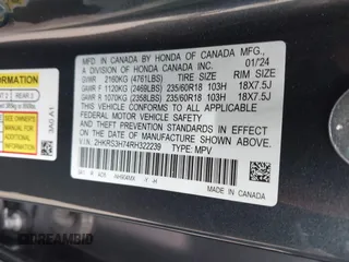 2024 Honda CR-V EX-L with VIN 2HKRS3H74RH322239, listed as a IAAI auction lot 41700284 with 8,628 mi miles and . Bid and sale history available at DreamBid. Image 9.