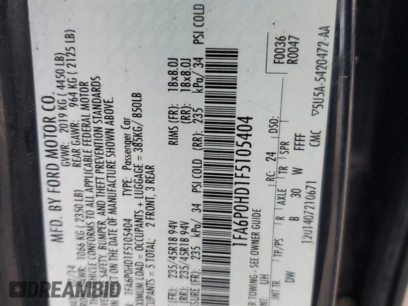2015 Ford Fusion SE with VIN 1FA6P0HD1F5105404, listed as a Copart auction lot 83028484 with 92,525 mi miles and Salvage Title. Bid and sale history available at DreamBid. Image 12.