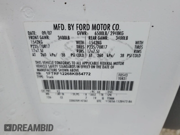 2008 Ford F-150 XL with VIN 1FTRF12268KB54772, listed as a Copart auction lot 52287165 with 168,227 mi miles and Non repairable. Bid and sale history available at DreamBid. Image 12.