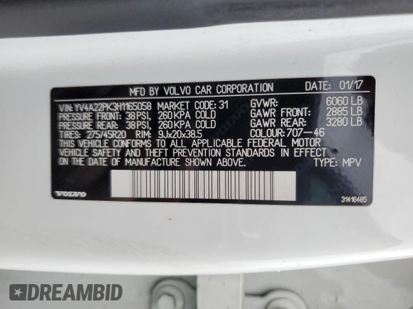 2017 Volvo XC90 Momentum with VIN YV4A22PK3H1165058, listed as a Copart auction lot 61072965 with 131,178 mi miles and Salvage title. Bid and sale history available at DreamBid. Image 14.