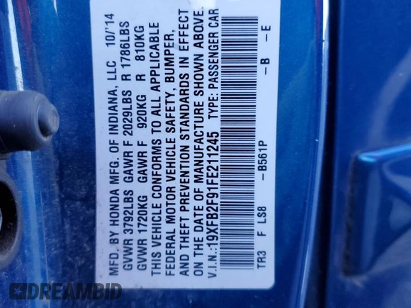2015 Honda Civic Sedan EX-L with VIN 19XFB2F91FE211245, listed as a Copart auction lot 44767465 with 85,477 mi miles and Salvage Title. Bid and sale history available at carsss.com. Image 14.
