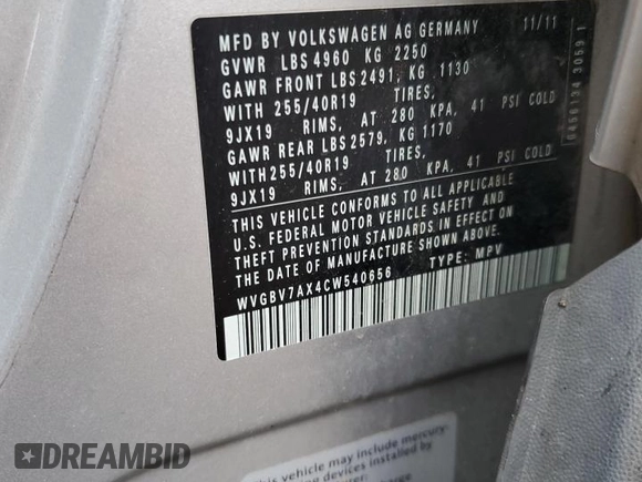 2012 Volkswagen Tiguan SE with VIN WVGBV7AX4CW540656, listed as a Copart auction lot 61473285 with 155,440 mi miles and Clean title. Bid and sale history available at DreamBid. Image 12.
