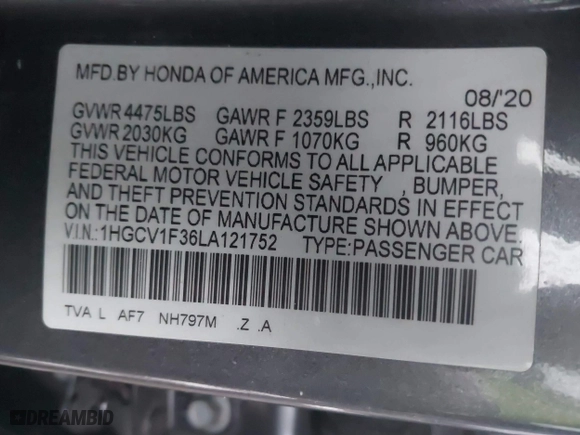2020 Honda Accord Sedan Sport with VIN 1HGCV1F36LA121752, listed as a IAAI auction lot 41307676 with 78,347 mi miles. Bid and sale history available at carsss.com. Image 9.