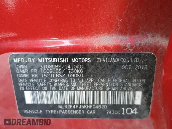 2019 Mitsubishi Mirage SE z VIN ML32F4FJ5KHF04620, wystawiony jako Copart lot #81264334 z przebiegiem 40 403 mil mil oraz Szkoda całkowita • Salvage title. Historia ofert i sprzedaży dostępna na DreamBid. Obrazek 12.