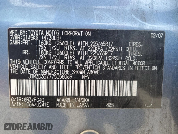 2007 Toyota RAV4 with VIN JTMZD35V775058069, listed as a Copart auction lot 55488175 with 236,881 mi miles and Salvage Title. Bid and sale history available at carsss.com. Image 13.