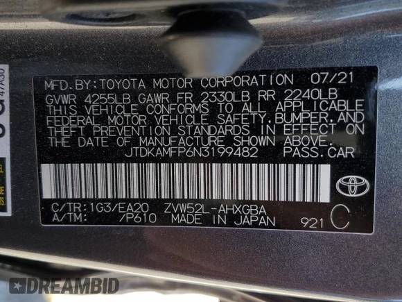 2022 Toyota Prius LE with VIN JTDKAMFP6N3199482, listed as a Copart auction lot 53990765 with Not provided miles and Salvage title. Bid and sale history available at DreamBid. Image 12.