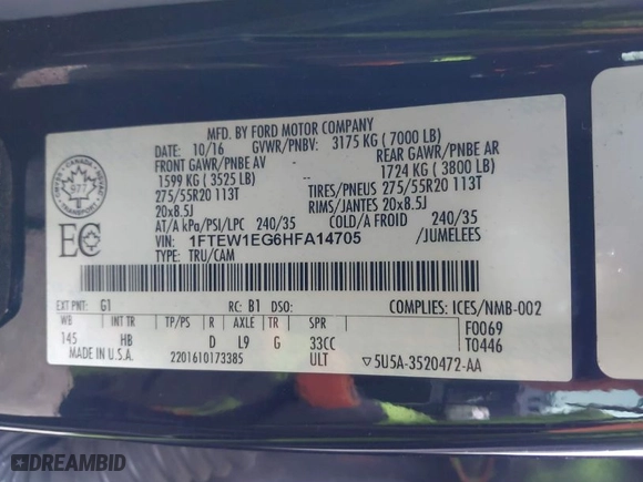 2017 Ford F-150 XL with VIN 1FTEW1EG6HFA14705, listed as a IAAI auction lot 41833089 with 143,534 mi miles. Bid and sale history available at carsss.com. Image 9.