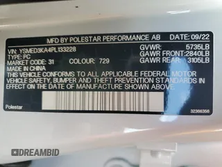 2023 Polestar 2 z VIN YSMED3KA4PL133228, wystawiony jako Copart lot #72020304 z przebiegiem 63 428 mil mil oraz Czysty tytuł • Clean title. Historia ofert i sprzedaży dostępna na DreamBid. Obrazek 13.
