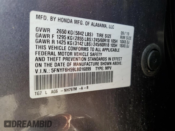 2020 Honda Pilot EX-L with VIN 5FNYF6H59LB016899, listed as a Copart auction lot 51489125 with 53,904 mi miles and Salvage title. Bid and sale history available at DreamBid. Image 12.