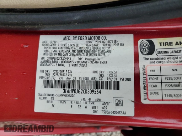 2012 Ford Fusion SEL z VIN 3FAHP0JG2CR309554, wystawiony jako Copart lot #60869895 z przebiegiem 199 134 mil mil oraz Szkoda całkowita • Salvage title. Historia ofert i sprzedaży dostępna na DreamBid. Obrazek 12.