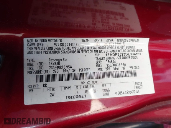 2013 Ford Focus Titanium with VIN 1FADP3J23DL334161, listed as a IAAI auction lot 41987758 with 117,665 mi miles and . Bid and sale history available at carsss.com. Image 9.