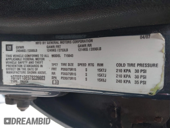 2007 GMC Canyon SLE2 with VIN 1GTDT13E578226603, listed as a IAAI auction lot 42195945 with 191,197 mi miles and . Bid and sale history available at carsss.com. Image 9.