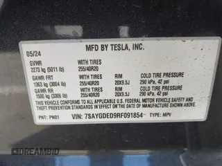 2024 Tesla Model Y с VIN 7SAYGDED9RF091854, выставлен на аукционе IAAI как лот 42382483 с пробегом 14 805 миль миль и . История ставок и продаж доступна на DreamBid. Изображение 9.