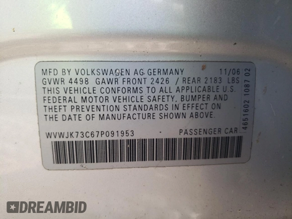 2007 Volkswagen Passat z VIN WVWJK73C67P091953, wystawiony jako Copart lot #71423974 z przebiegiem 73 153 mil mil oraz Czysty tytuł • Clean title. Historia ofert i sprzedaży dostępna na DreamBid. Obrazek 12.