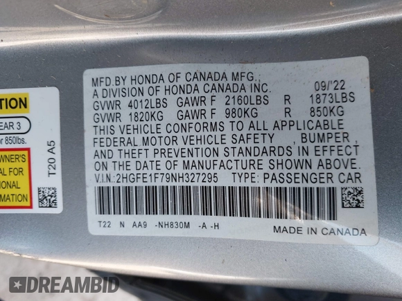 2022 Honda Civic Sedan EX with VIN 2HGFE1F79NH327295, listed as a IAAI auction lot 41718620 with 26,624 mi miles. Bid and sale history available at carsss.com. Image 9.
