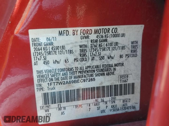 2011 Ford F-250 XL with VIN 1FT7W2A69BEC97285, listed as a Copart auction lot 77766034 with 81,440 mi miles and Clean Title. Bid and sale history available at carsss.com. Image 12.