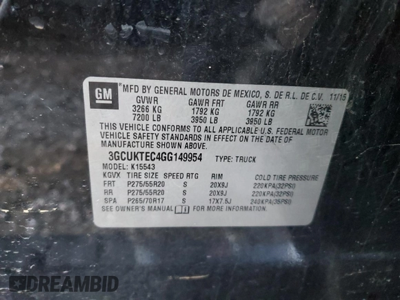 2016 Chevrolet Silverado 1500 High Country with VIN 3GCUKTEC4GG149954, listed as a Copart auction lot 82769224 with 130,820 mi miles and Salvage Title. Bid and sale history available at DreamBid. Image 13.