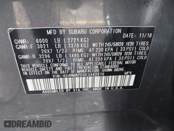 2019 Subaru Ascent Limited z VIN 4S4WMAPD0K3442416, wystawiony jako IAAI lot #42502760 z przebiegiem 84 321 mil mil oraz . Historia ofert i sprzedaży dostępna na DreamBid. Obrazek 9.