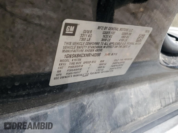 2017 Chevrolet Tahoe LT z VIN 1GNSKBKCXHR140366, wystawiony jako Copart lot #56527295 z przebiegiem Nie podano mil oraz Szkoda całkowita • Salvage title. Historia ofert i sprzedaży dostępna na DreamBid. Obrazek 14.