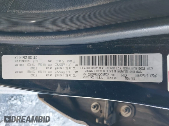 2019 Ram 1500 Big Horn/Lone Star with VIN 1C6RRFFG0KN785072, listed as a IAAI auction lot 41364178 with 126,476 mi miles. Bid and sale history available at carsss.com. Image 9.